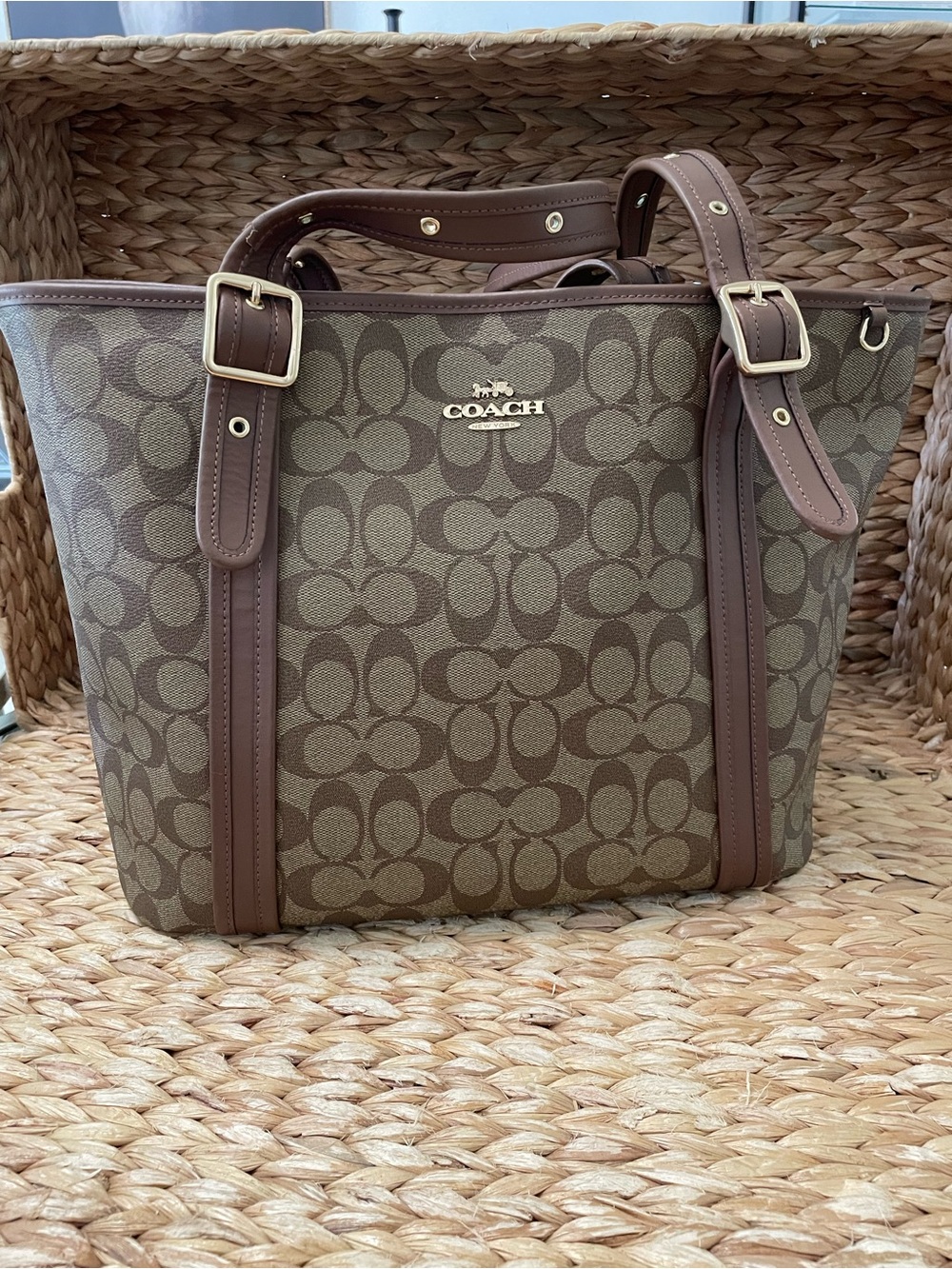 Signature Coach Canvas /‎ Leather Tote Shoulder Bag CN328 Khaki Saddle AUTHENTIC